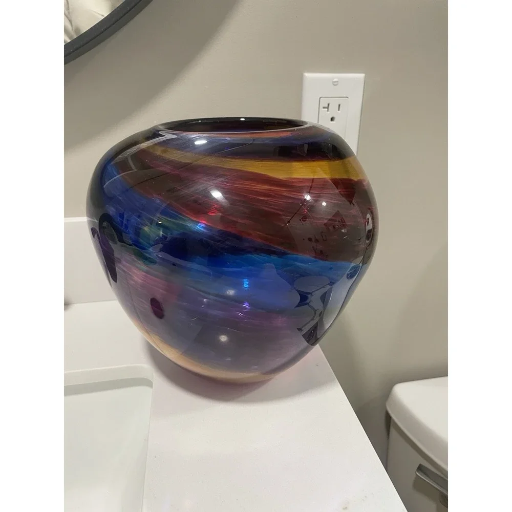 Stephen R. Nelson Signed Hand Blown Studio Art Glass Vase Multicolor Ribbon 8.5